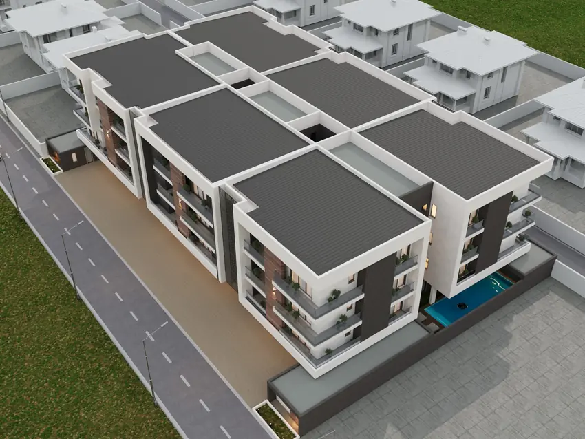 Close aerial view showing the building, circulation and proposed pool, architectural render