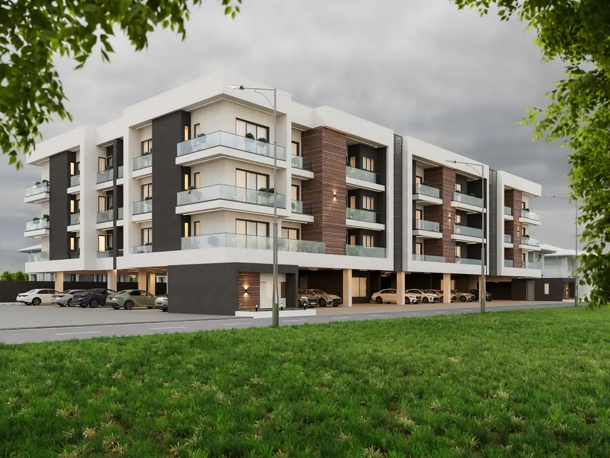 EICL Close corner facade and sheltered parking, architectural render