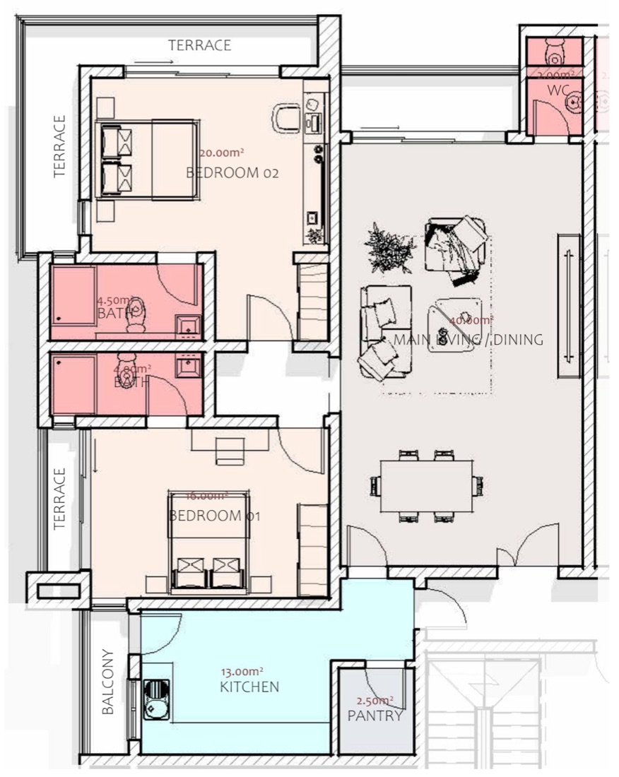 Two-bedroom apartment floor plan, type B1: 40 m² living and dining, 20 m² and 16 m² en-suite bedrooms, 13 m² kitchen with pantry