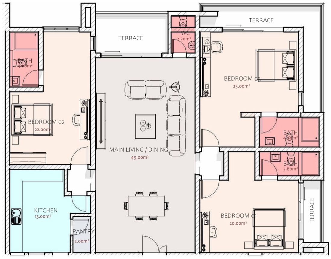 Three-bedroom apartment floor plan: 49 m² living and dining, 25, 22 and 20 m² en-suite bedrooms, kitchen with pantry and terraces