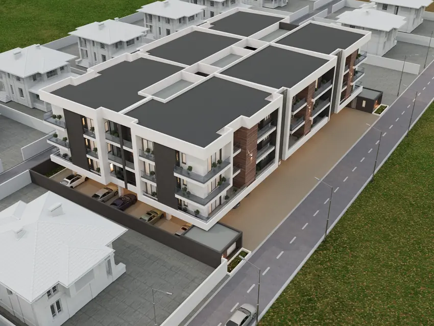 Close building and site from above, architectural render
