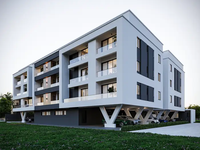 Crescent building in profile, architectural render