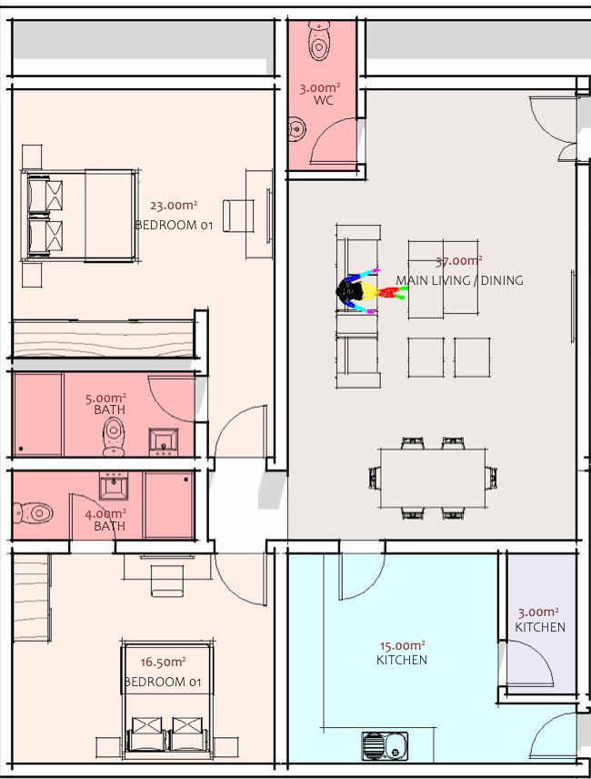 Two-bedroom apartment floor plan: 37 m² living and dining, 23 m² and 16.5 m² bedrooms, 15 m² kitchen, two bathrooms and a WC